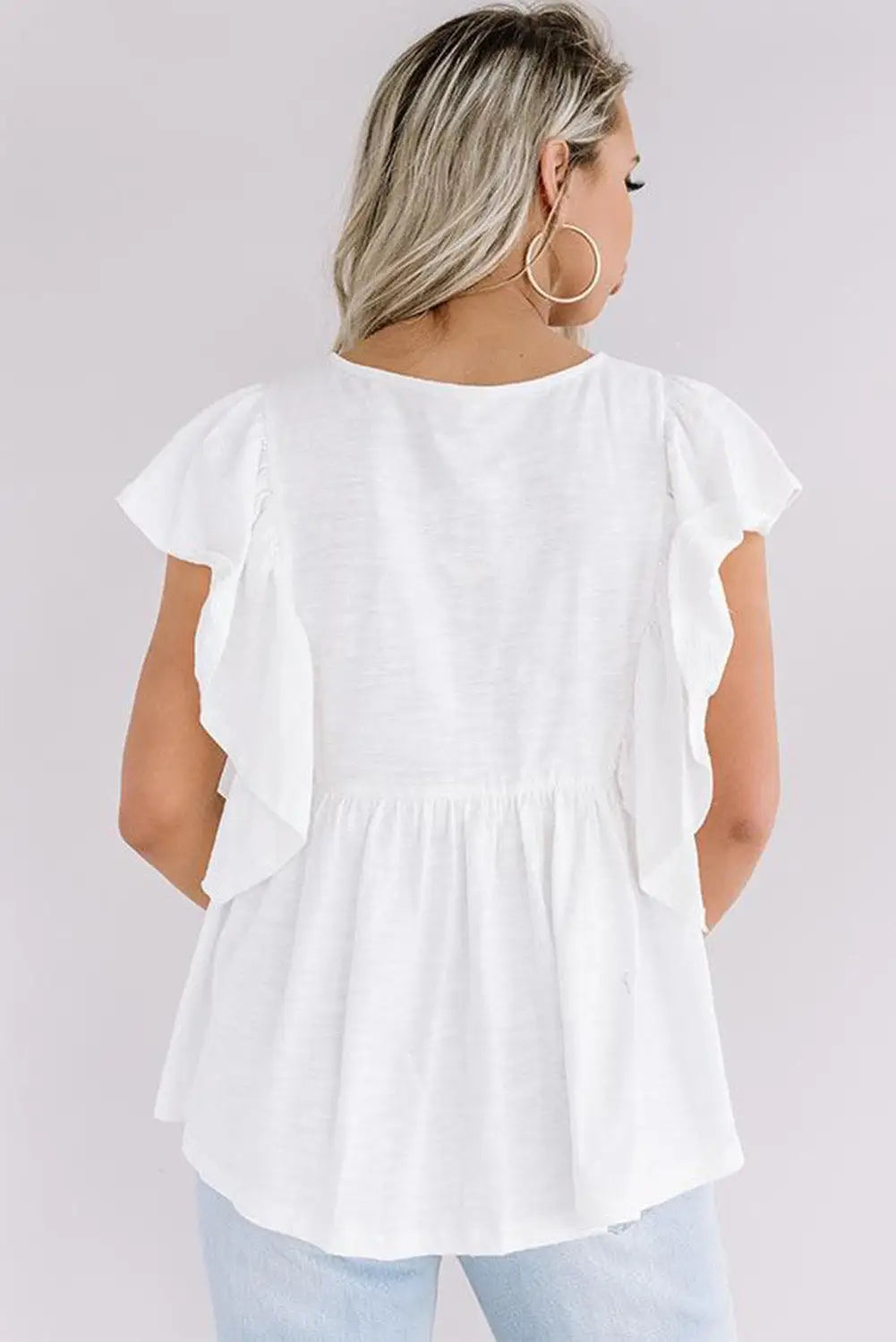 White floral embroidered ruffled lace-up v neck top - t-shirts