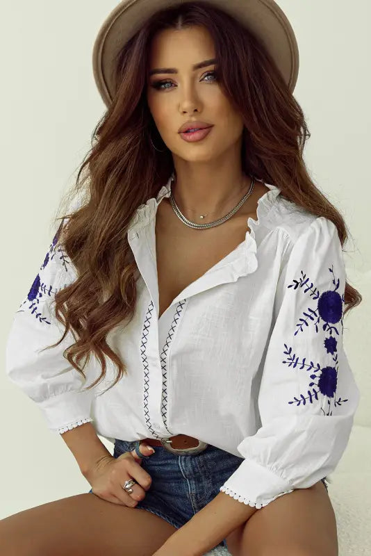 White floral embroidered shirt | fashionfitz