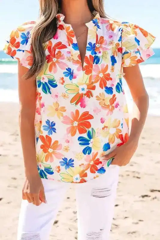 White Floral Flutter Sleeve Cotton Blouse Women UK — front view showing delicate floral print and flutter sleeves — Fashionfitz