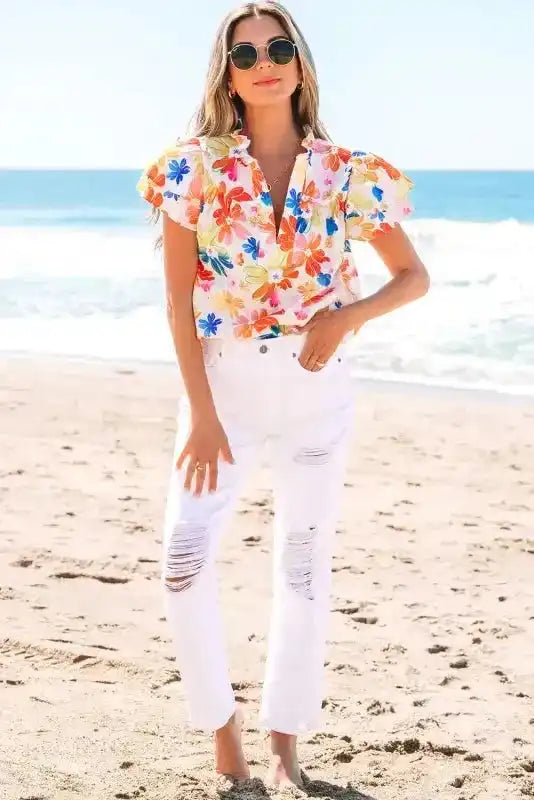 White Floral Flutter Top - Fashionfitz