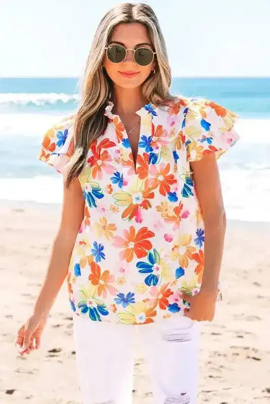 White Floral Flutter Top - Fashionfitz