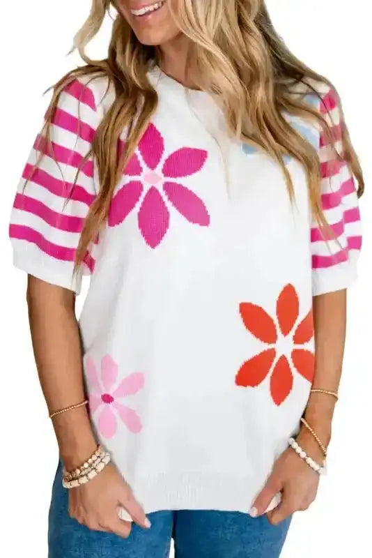White Floral Knit T-Shirt - Fashionfitz