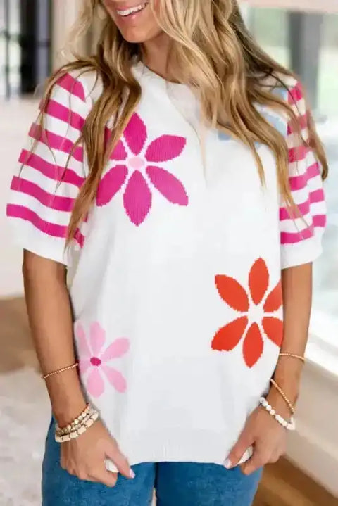 White Floral Knit T-Shirt - Fashionfitz