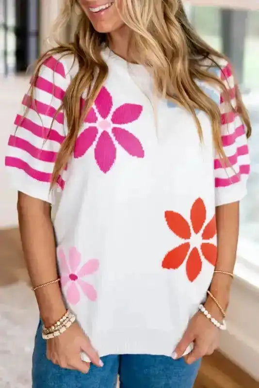 White floral knit T-shirt front view — Fashionfitz UK