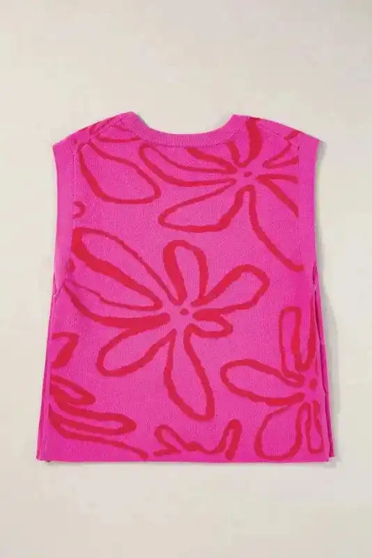 White Floral Knitted Top - Button Sides Sleeveless - Fashionfitz