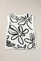 White Floral Knitted Top - Button Sides Sleeveless - Fashionfitz