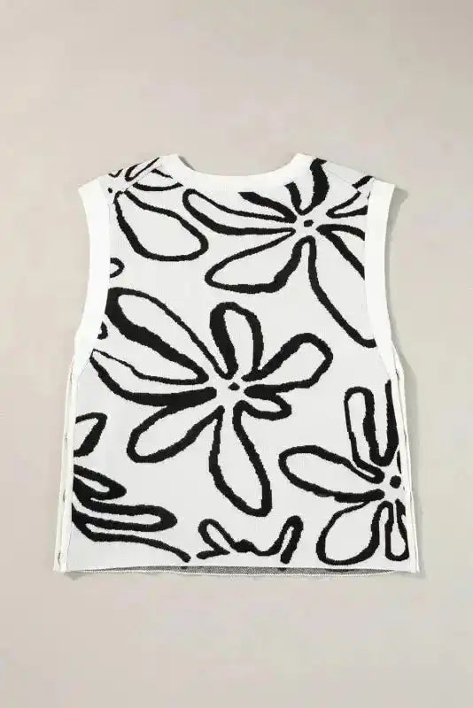 White Floral Knitted Top - Button Sides Sleeveless - Fashionfitz