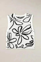 White Floral Knitted Top - Button Sides Sleeveless - Fashionfitz