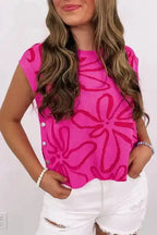 White Floral Knitted Top - Button Sides Sleeveless - Fashionfitz