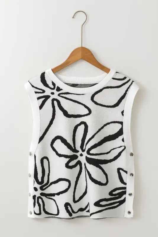 White floral knitted top - button sides sleeveless