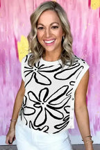 White Floral Knitted Top - Button Sides Sleeveless - Fashionfitz