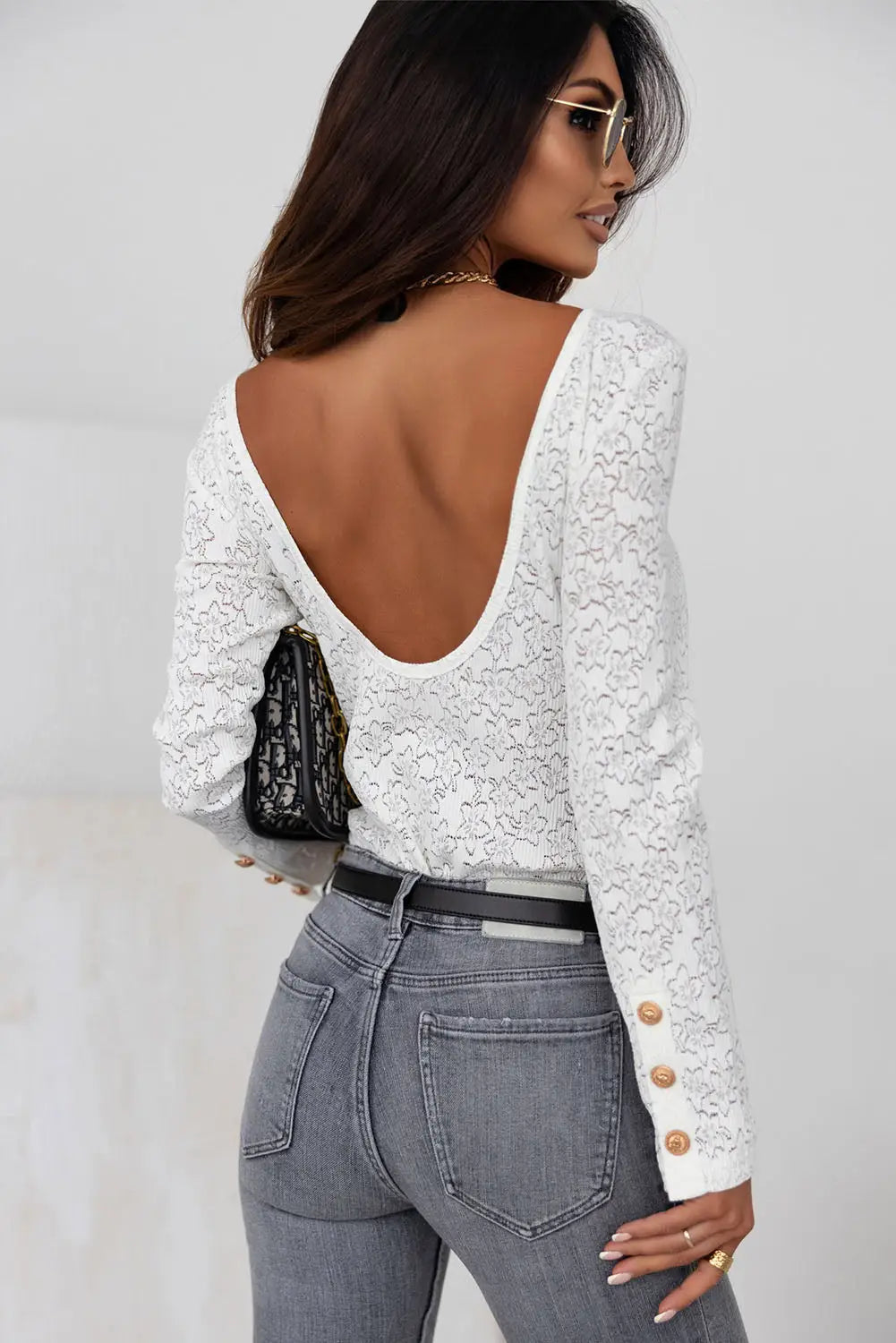 White floral lace buttoned long sleeve bodysuit - bodysuits