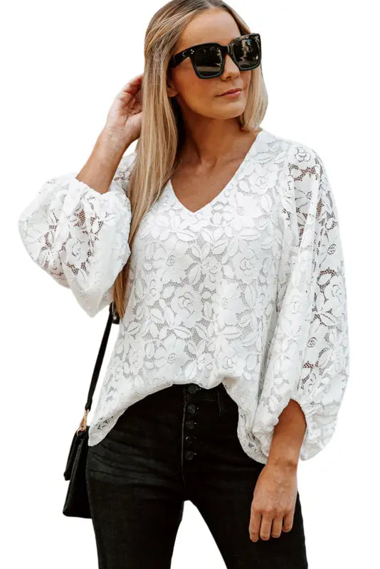 White floral lace crochet loose fit v neck top - long sleeve tops