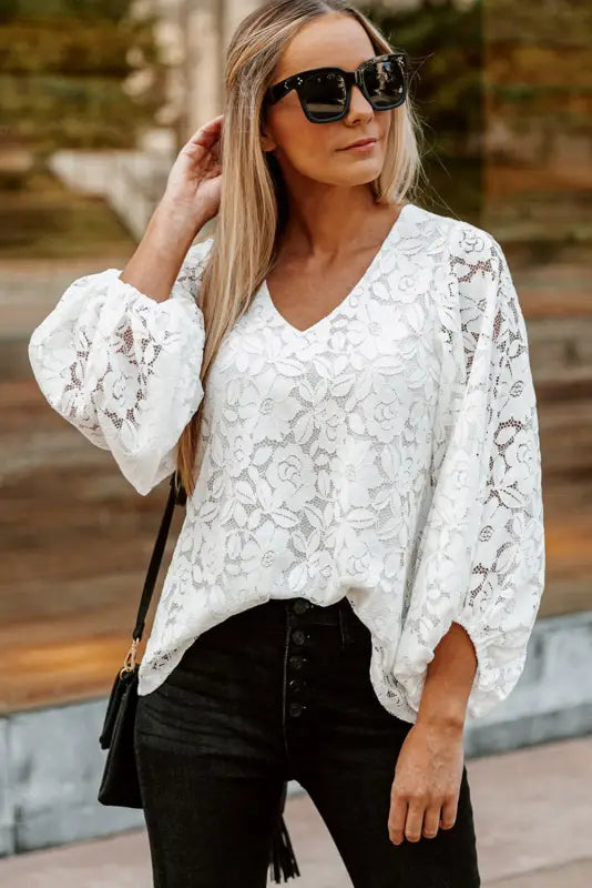 White floral lace crochet loose fit v neck top - long sleeve tops