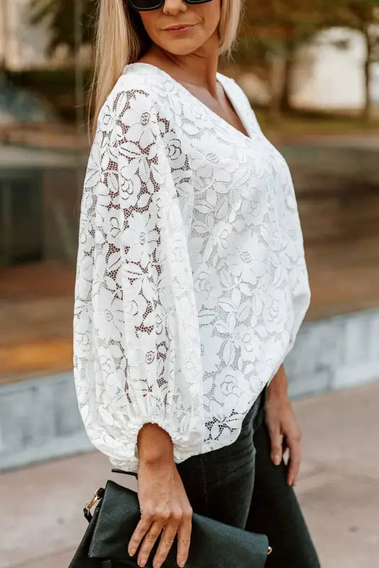 White floral lace crochet loose fit v neck top - long sleeve tops