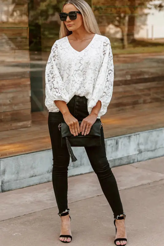 White floral lace crochet loose fit v neck top - long sleeve tops