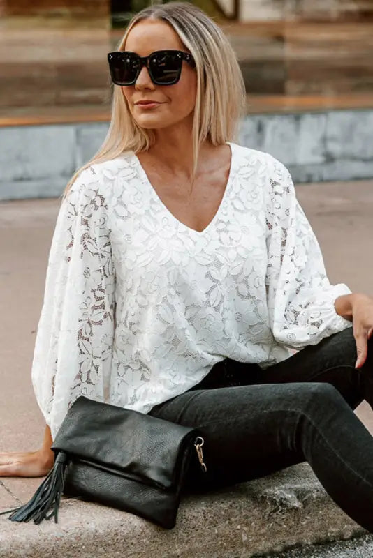 White floral lace crochet loose fit v neck top - long sleeve tops