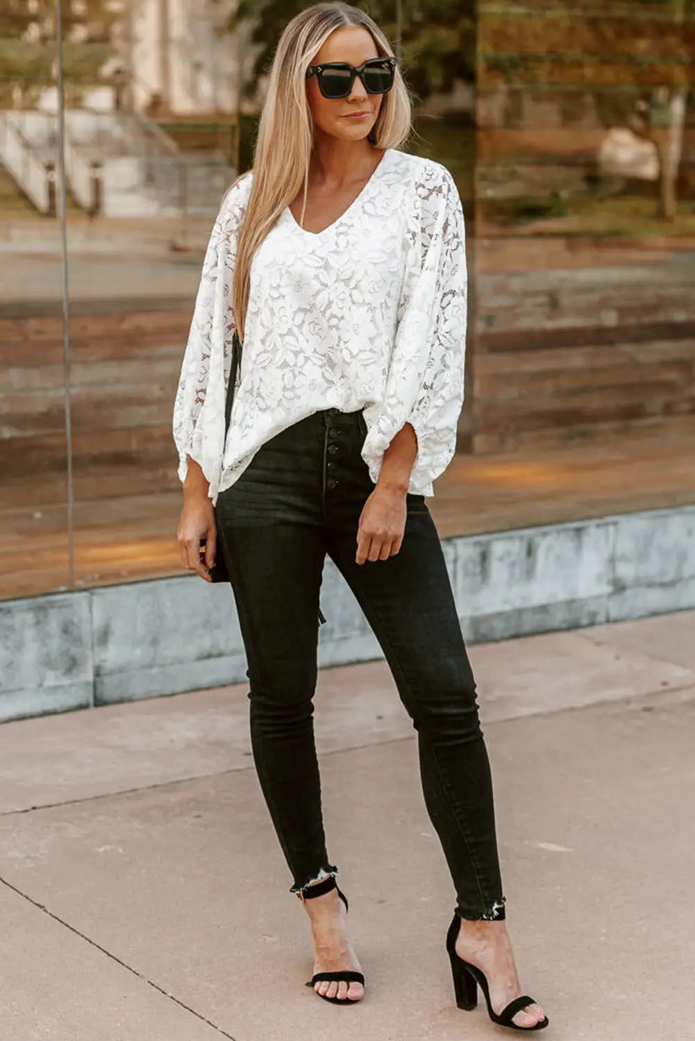 White floral lace crochet loose fit v neck top - long sleeve tops