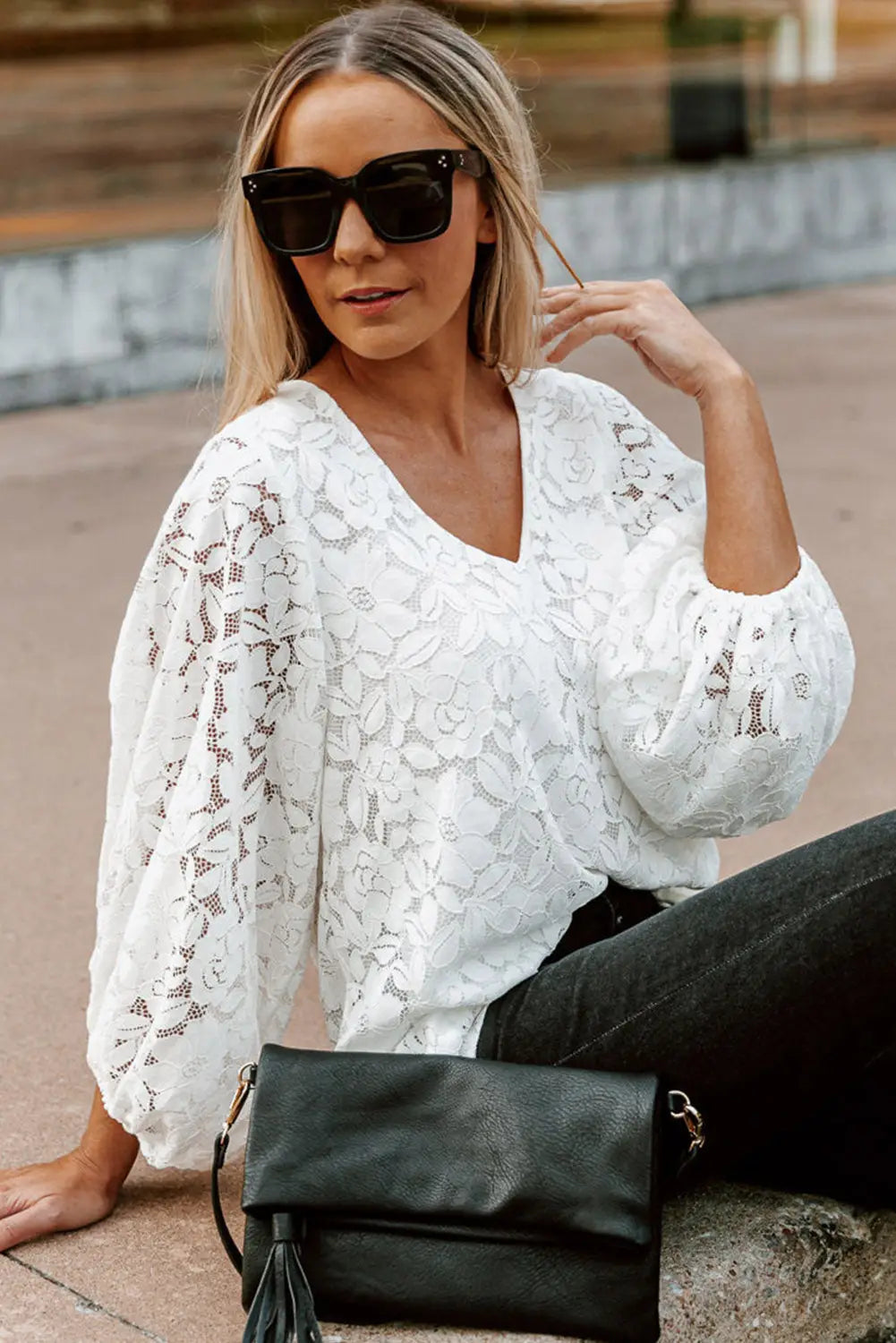 White floral lace crochet loose fit v neck top - long sleeve tops