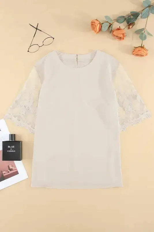 White Floral Lace Sleeve Patchwork Top - Fashionfitz
