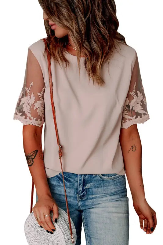 White floral lace sleeve patchwork top - t-shirts