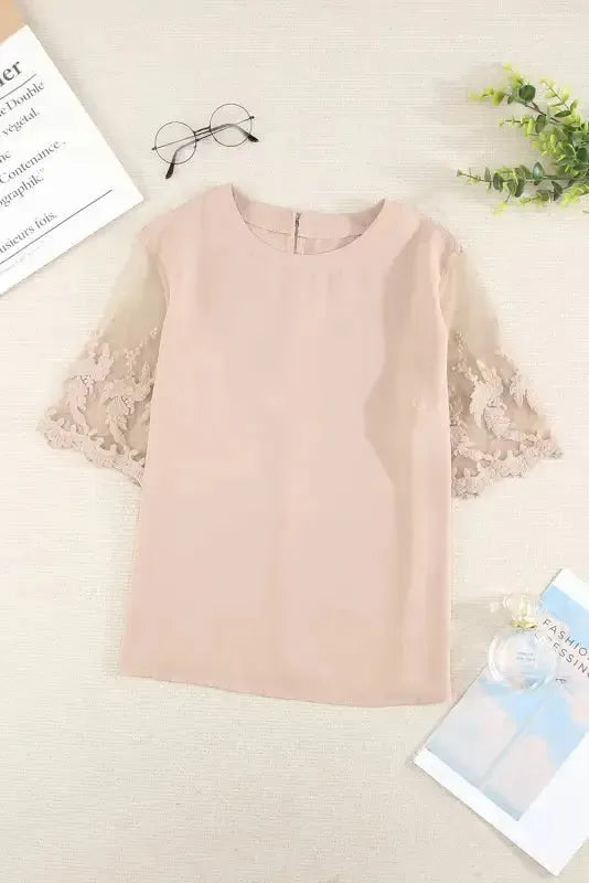 White Floral Lace Sleeve Patchwork Top - Fashionfitz