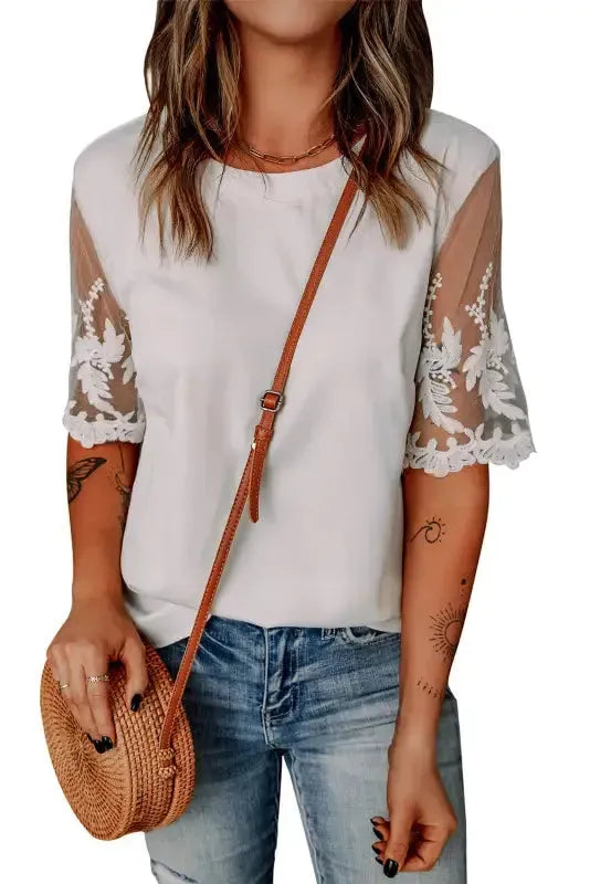 White Floral Lace Sleeve Patchwork Top - Fashionfitz