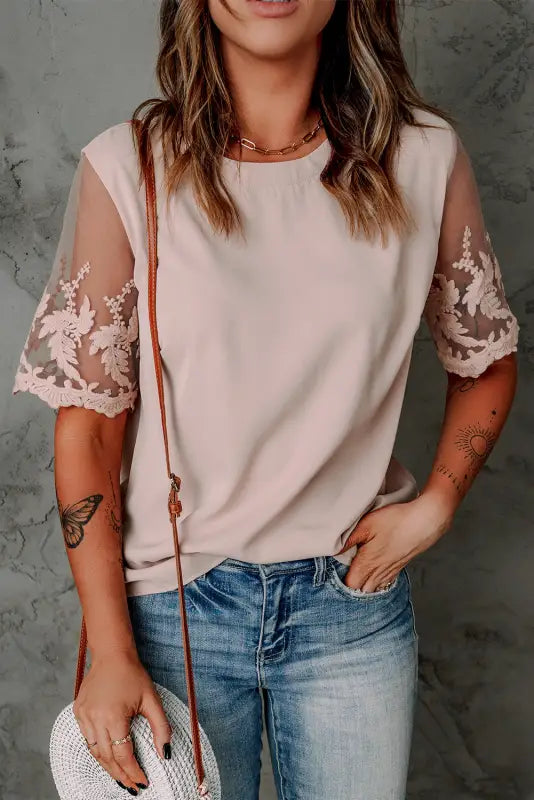 White floral lace sleeve patchwork top - t-shirts