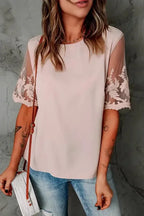 White Floral Lace Sleeve Patchwork Top - Fashionfitz