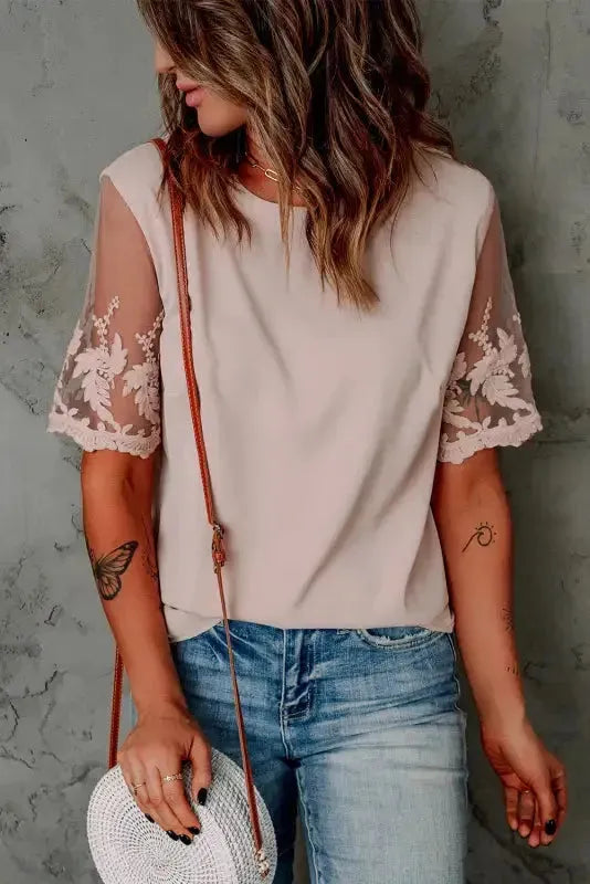 White Floral Lace Sleeve Patchwork Top - Fashionfitz