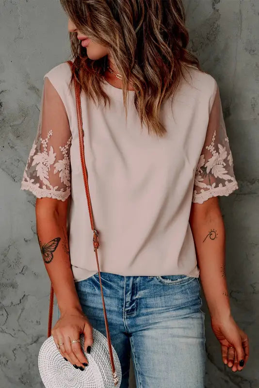 White floral lace sleeve patchwork top - t-shirts