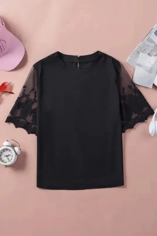 White Floral Lace Sleeve Patchwork Top - Fashionfitz
