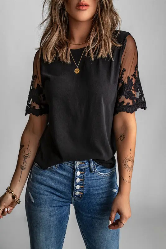 White floral lace sleeve patchwork top - t-shirts