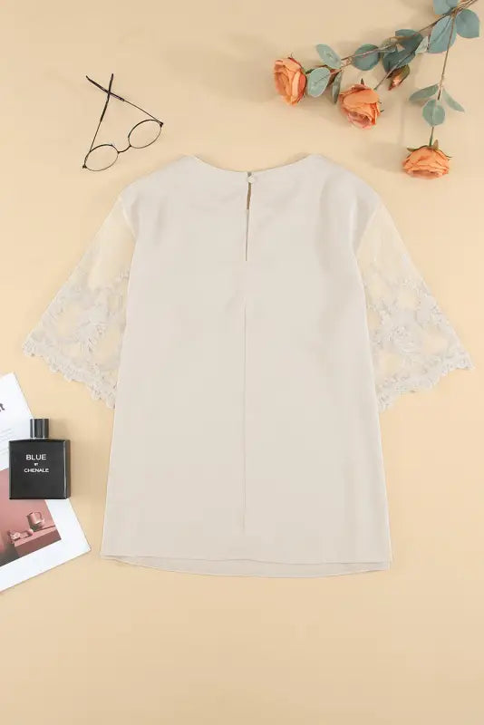 White floral lace sleeve patchwork top - t-shirts