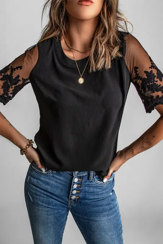 White floral lace sleeve patchwork top - t-shirts