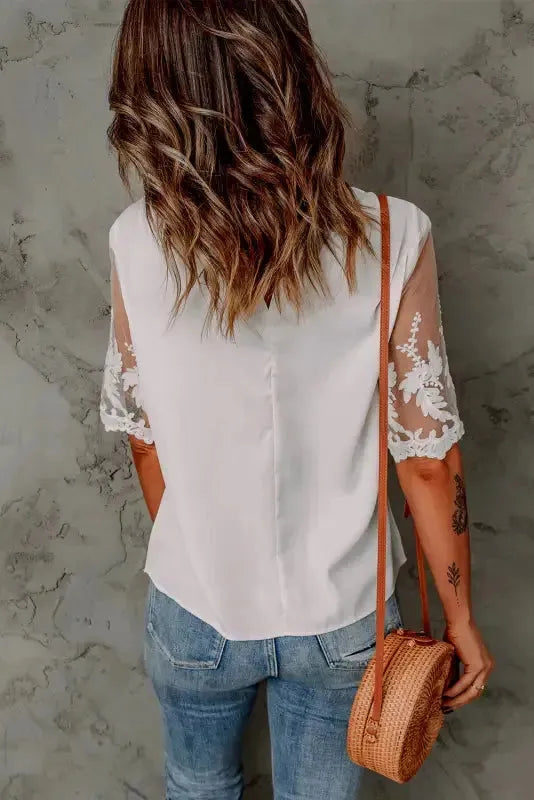 White Floral Lace Sleeve Patchwork Top - Fashionfitz