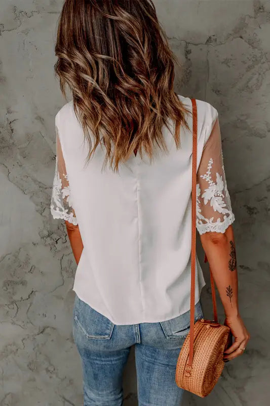 White floral lace sleeve patchwork top - t-shirts