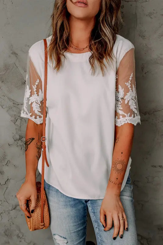 White floral lace sleeve patchwork top - t-shirts