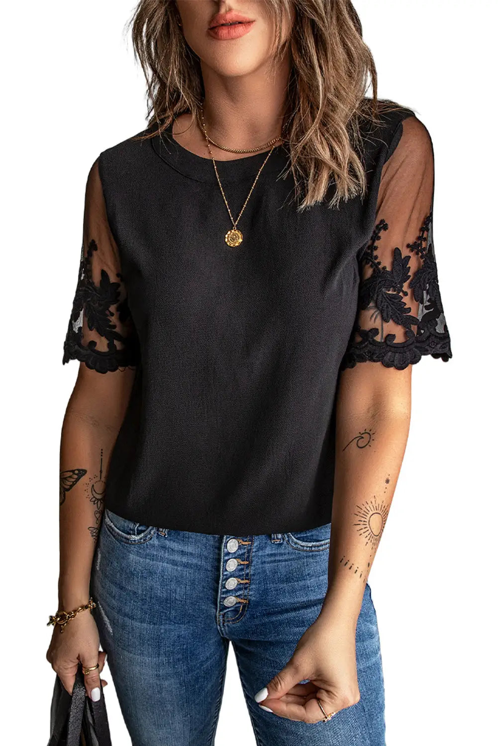 White floral lace sleeve patchwork top - t-shirts