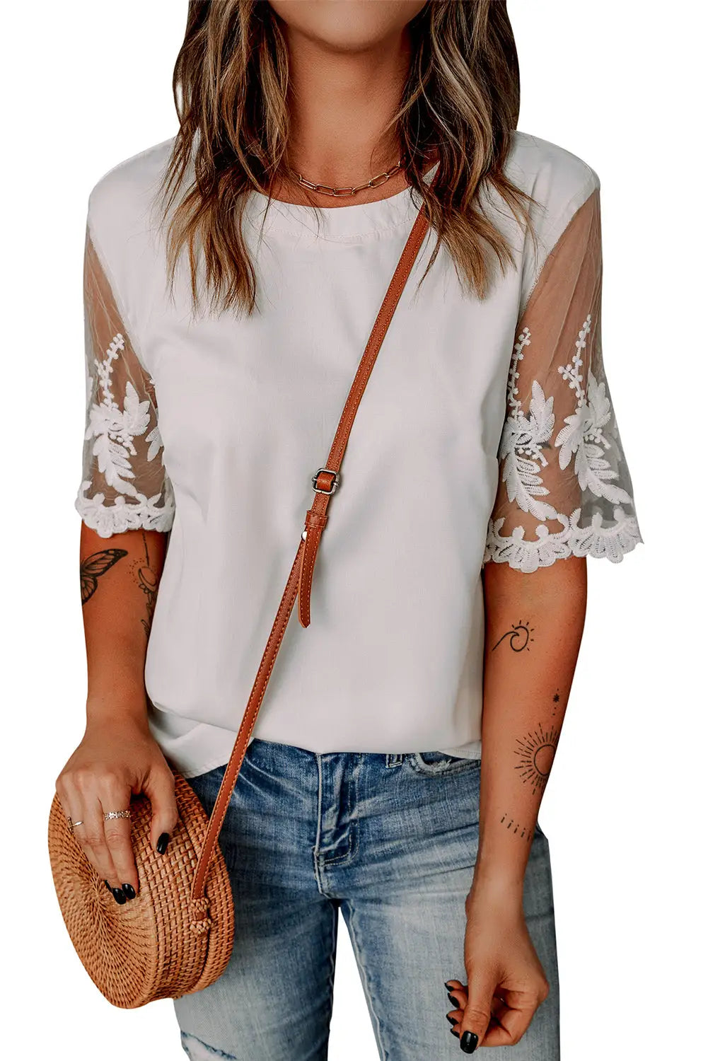 White floral lace sleeve patchwork top - t-shirts