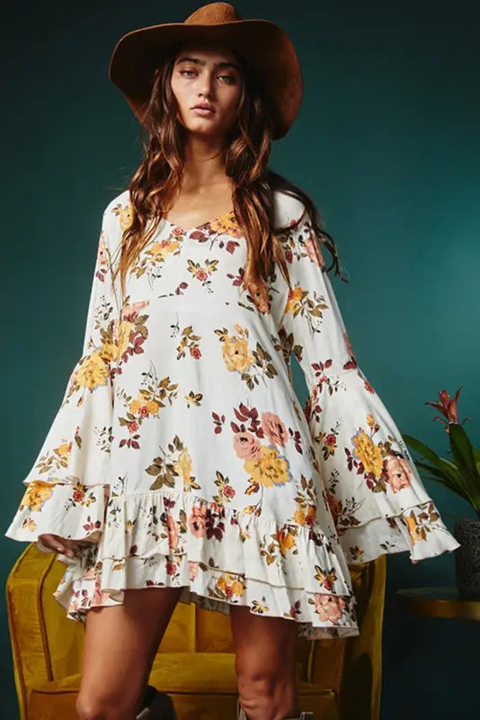 White floral layered sleeve mini dress - dresses