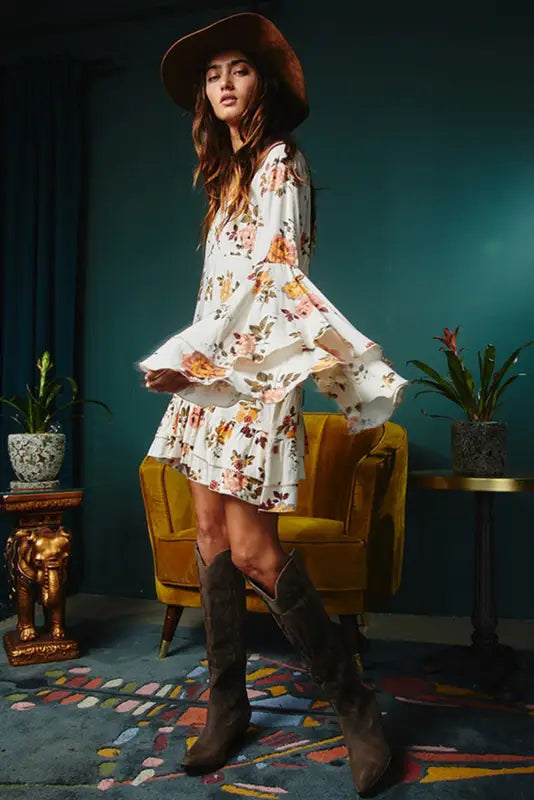 White floral layered sleeve mini dress - dresses