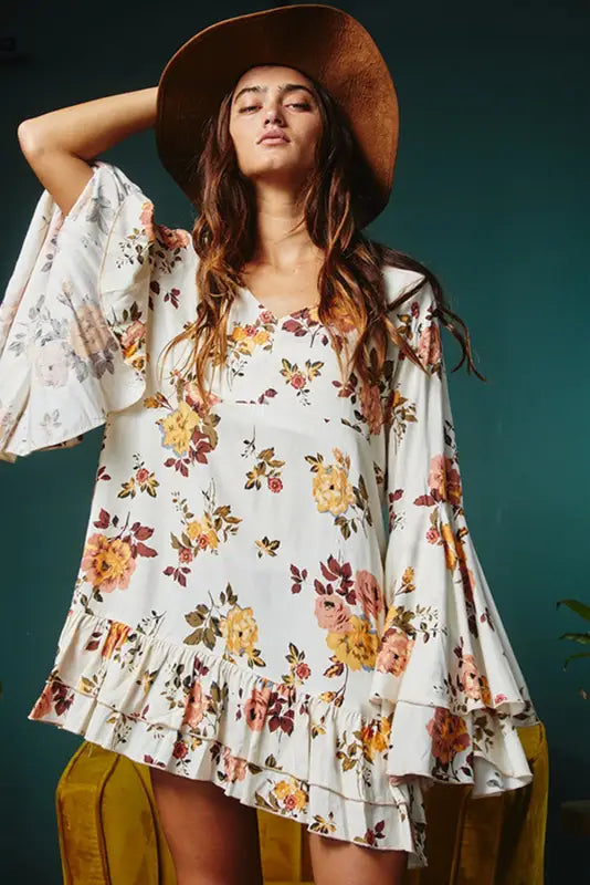 White floral layered sleeve mini dress - dresses