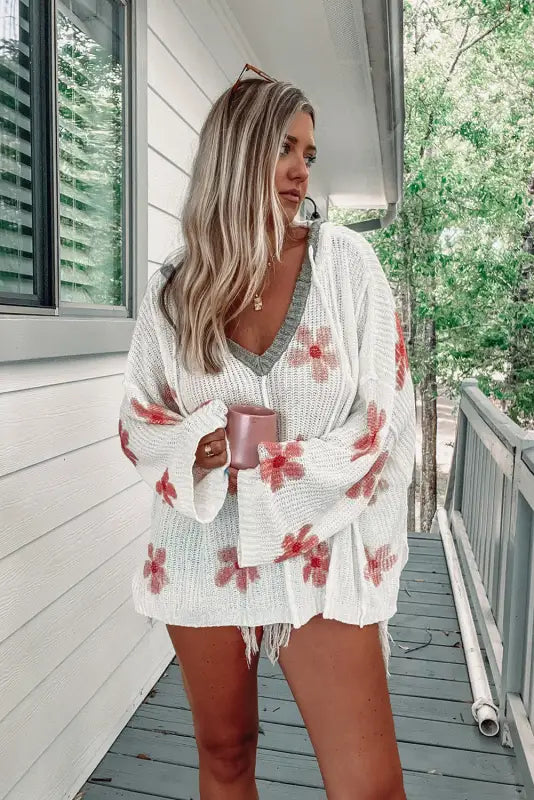 White floral lightweight hooded sweater - hoodies