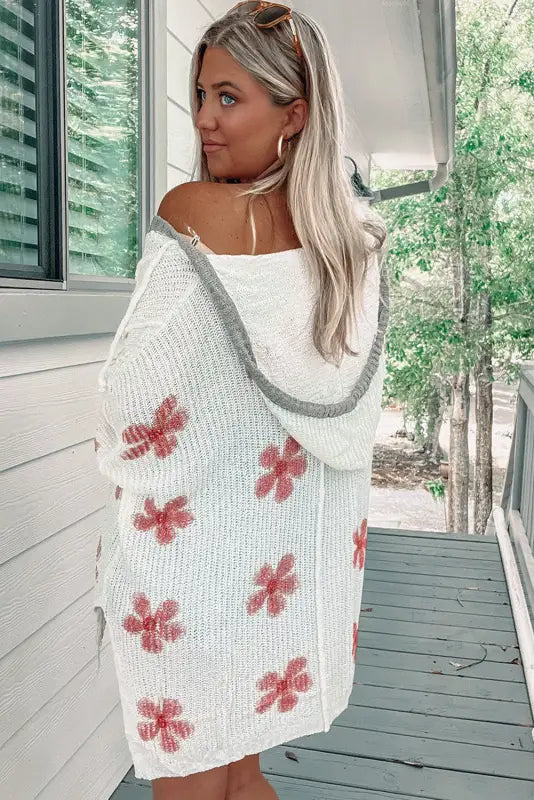 White floral lightweight hooded sweater - hoodies