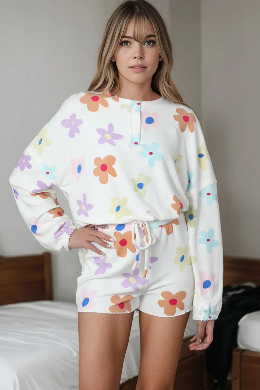 White floral long sleeve henley top and drawstring shorts set - loungewear
