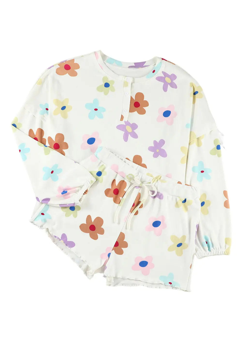White floral long sleeve henley top and drawstring shorts