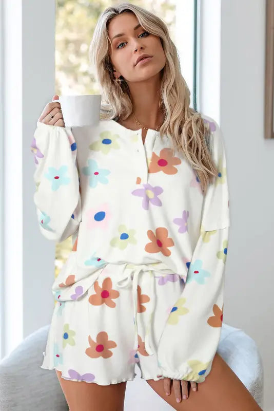 White floral long sleeve henley top and drawstring shorts set - loungewear