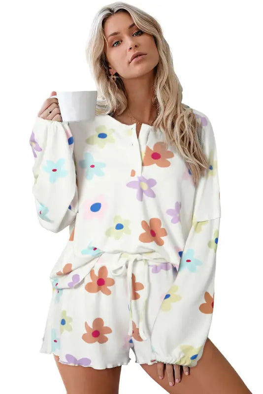 White floral long sleeve henley top and drawstring shorts set - loungewear