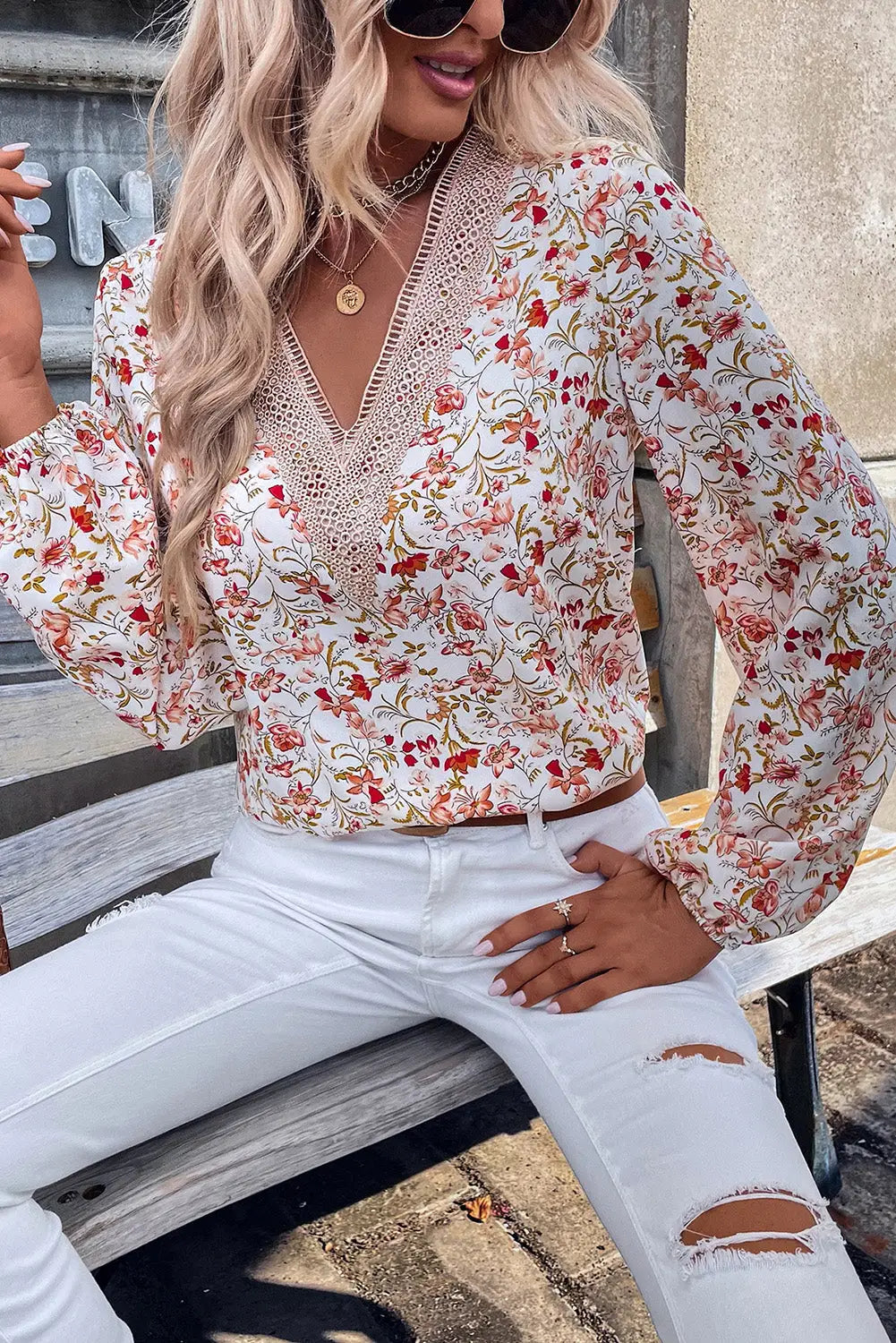 White floral long sleeve lace v-neck blouse - tops